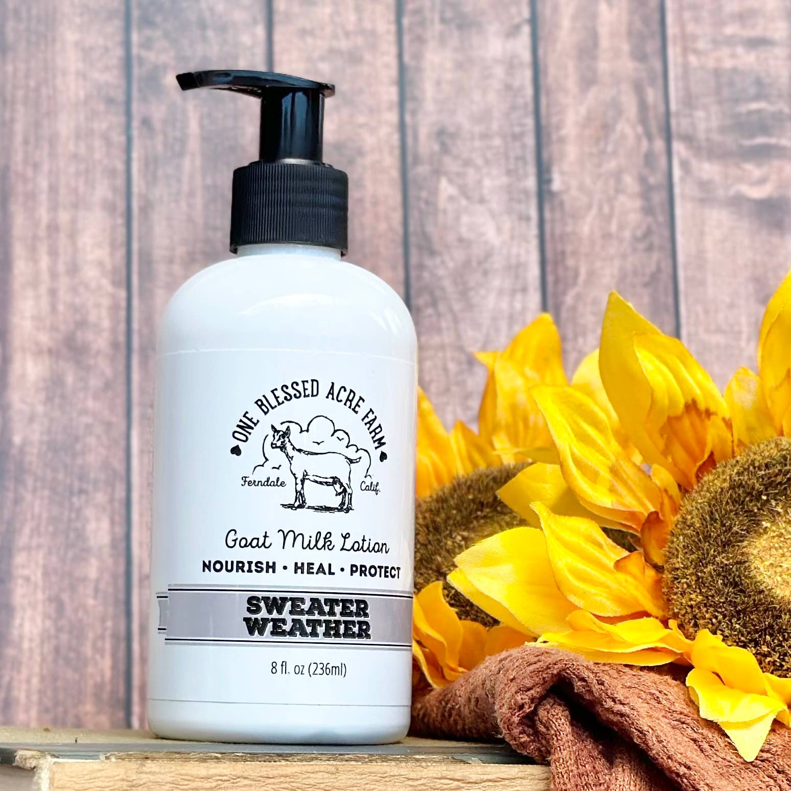 8 oz Sweater Weather Goat Milk Lotion by One Blessed Acre Farm with a sunflower and sweater on a wooden background