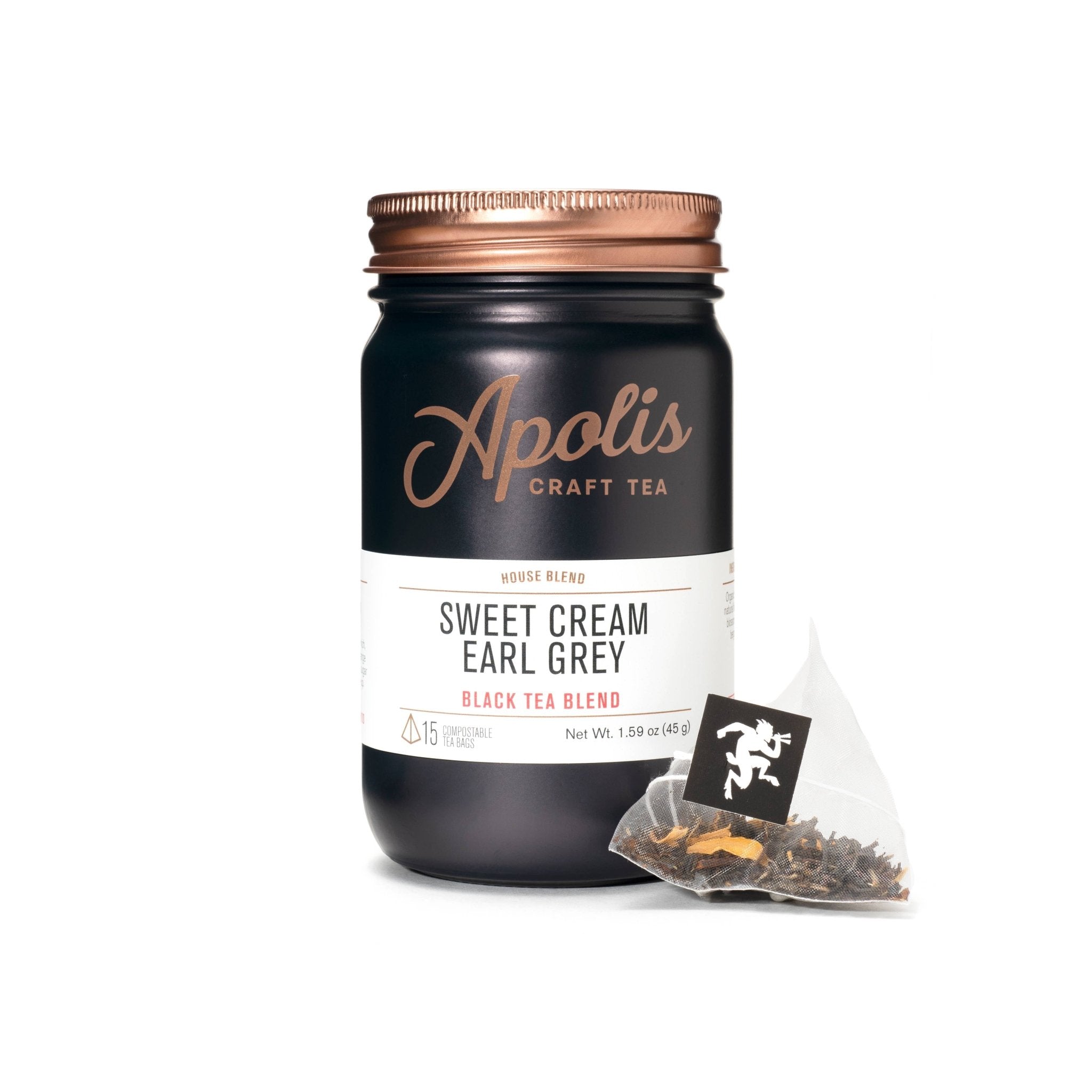 Apolis Sweet Cream Earl Grey tea package with a tea bag on a white background
