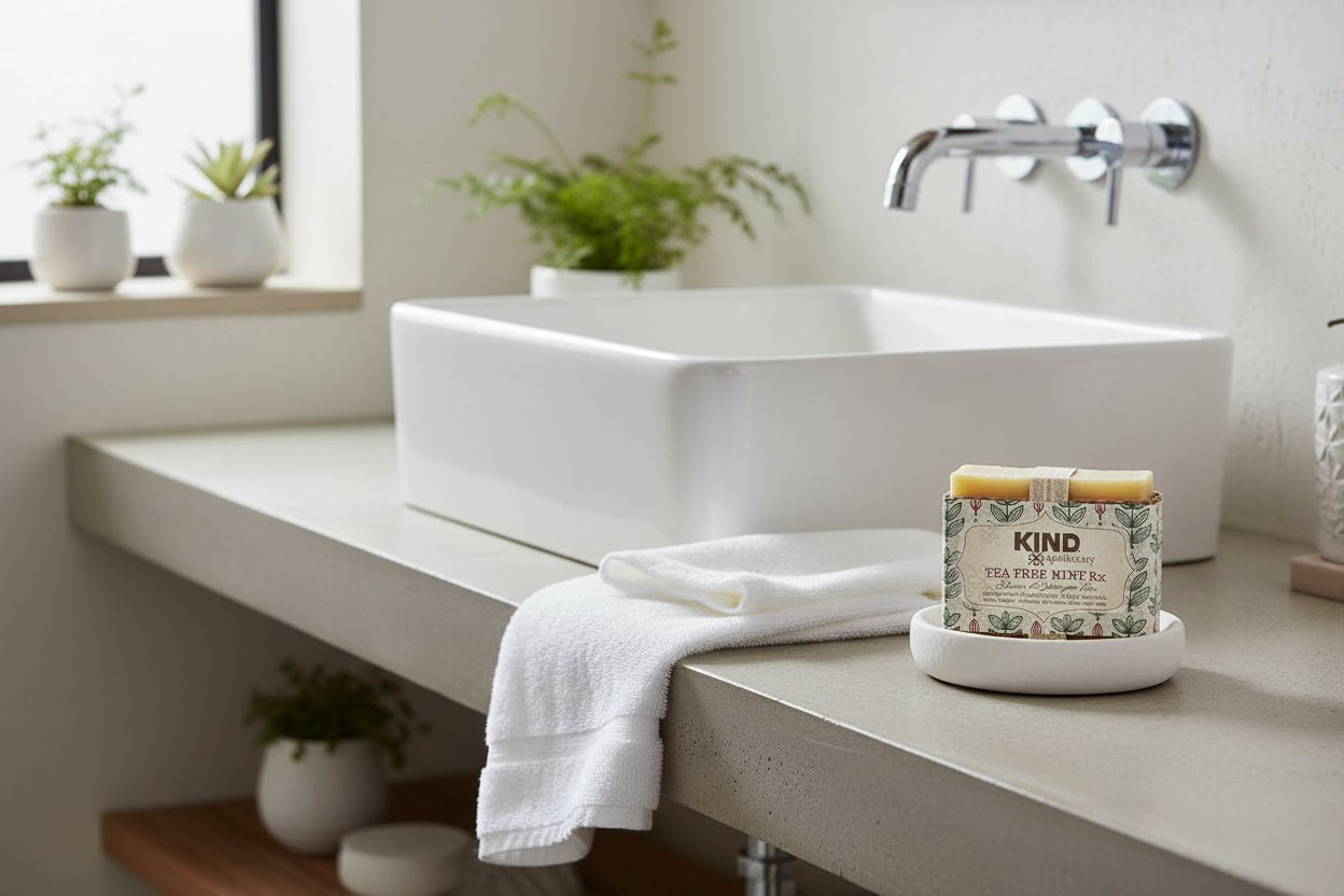Kind Apothecary Tea Tree Mint RX shower and shampoo bar being used in a bathroom setting