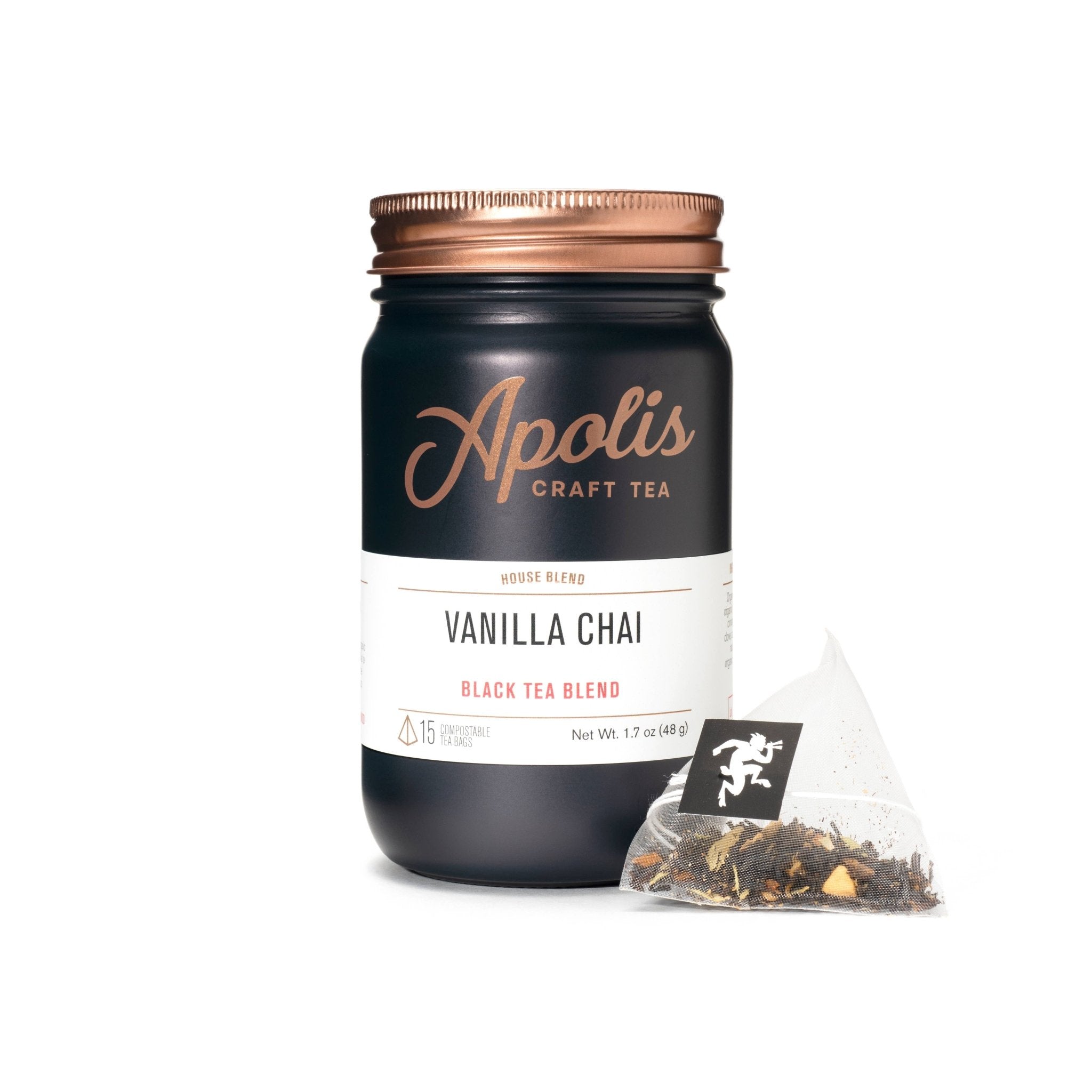 Apolis Vanilla Chai tea jar with a clear bag of tea leaves on a white background