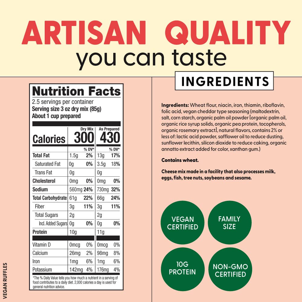 Nutrition Facts and Ingredients Label for Pastabilities Vegan Ruffles Mac and Cheese