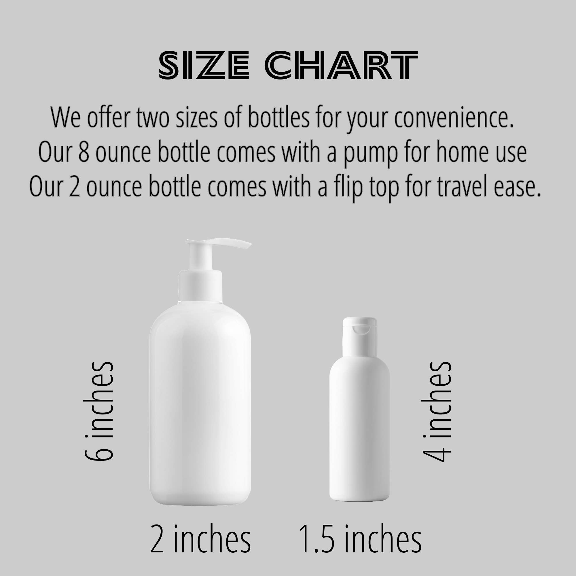 Size chart comparing 8-ounce pump bottle and 2-ounce flip-top bottle on a gray background.