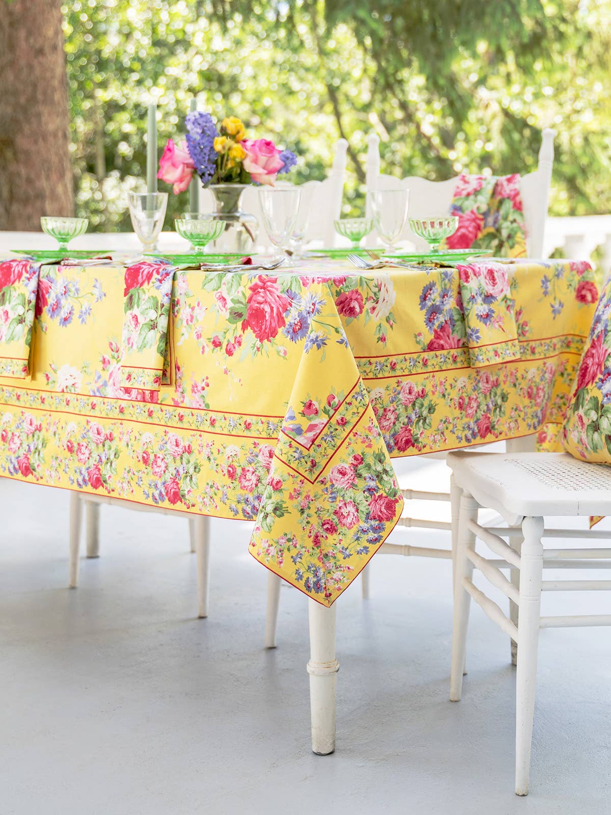 Table set using Yellow Cottage Rose Tablecloth by April Cornell