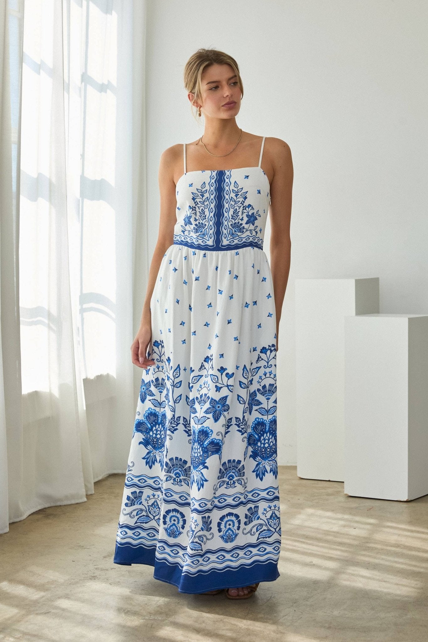 Border Print Maxi Dress - Back View | Flattering Maxi Silhouette