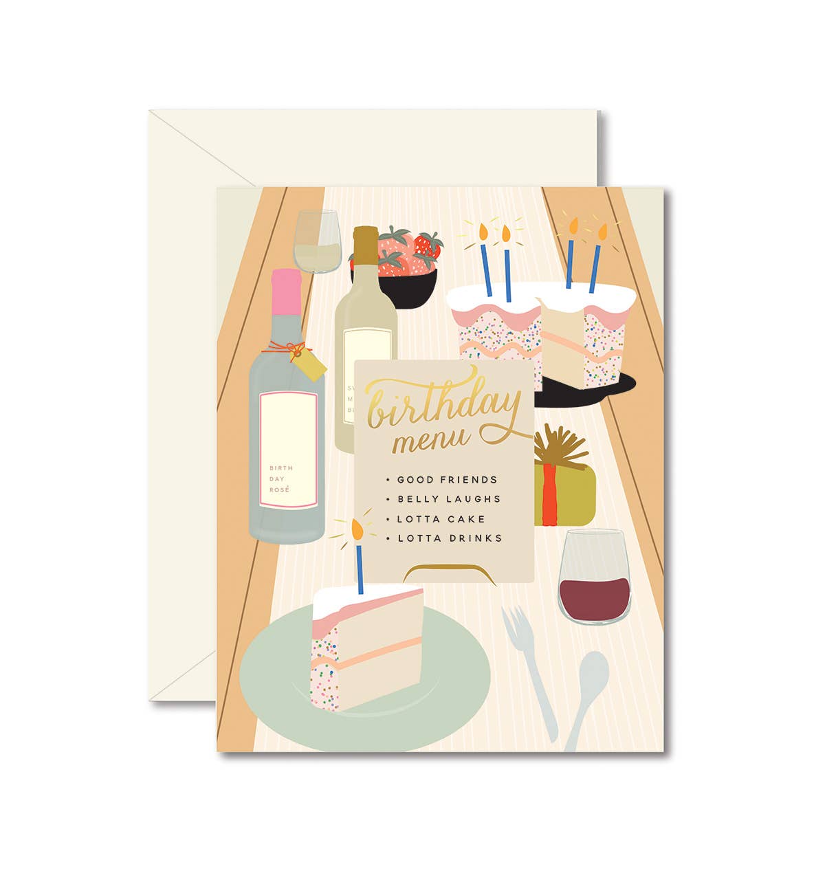 Birthday Tablescape Greeting Card with coordinating envelope by Ginger P. Designs. Card front has a tablescape with a birthday menu: good friends, belly laughs, lotta cake, lotta drinks.