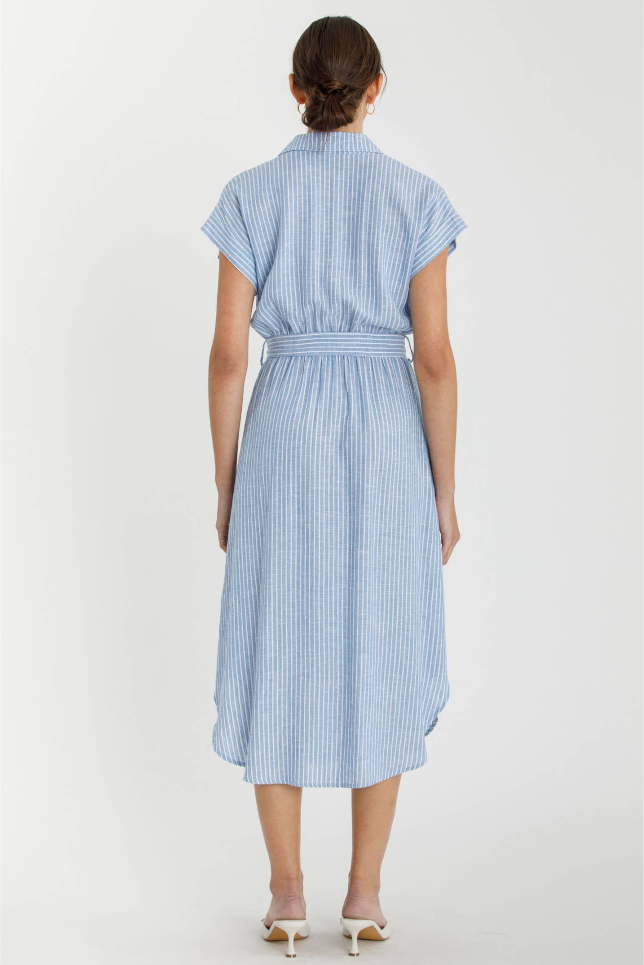 Striped Utility Shirt Dress - Detail View | Waist Tie, Collar, and Front Pockets