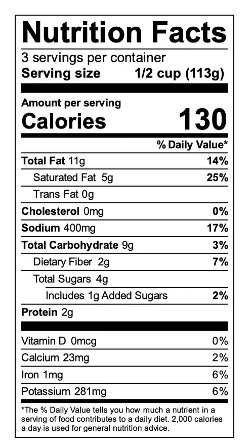 Nutrition facts for Brooklyn Delhi Cashew Butter Masala.