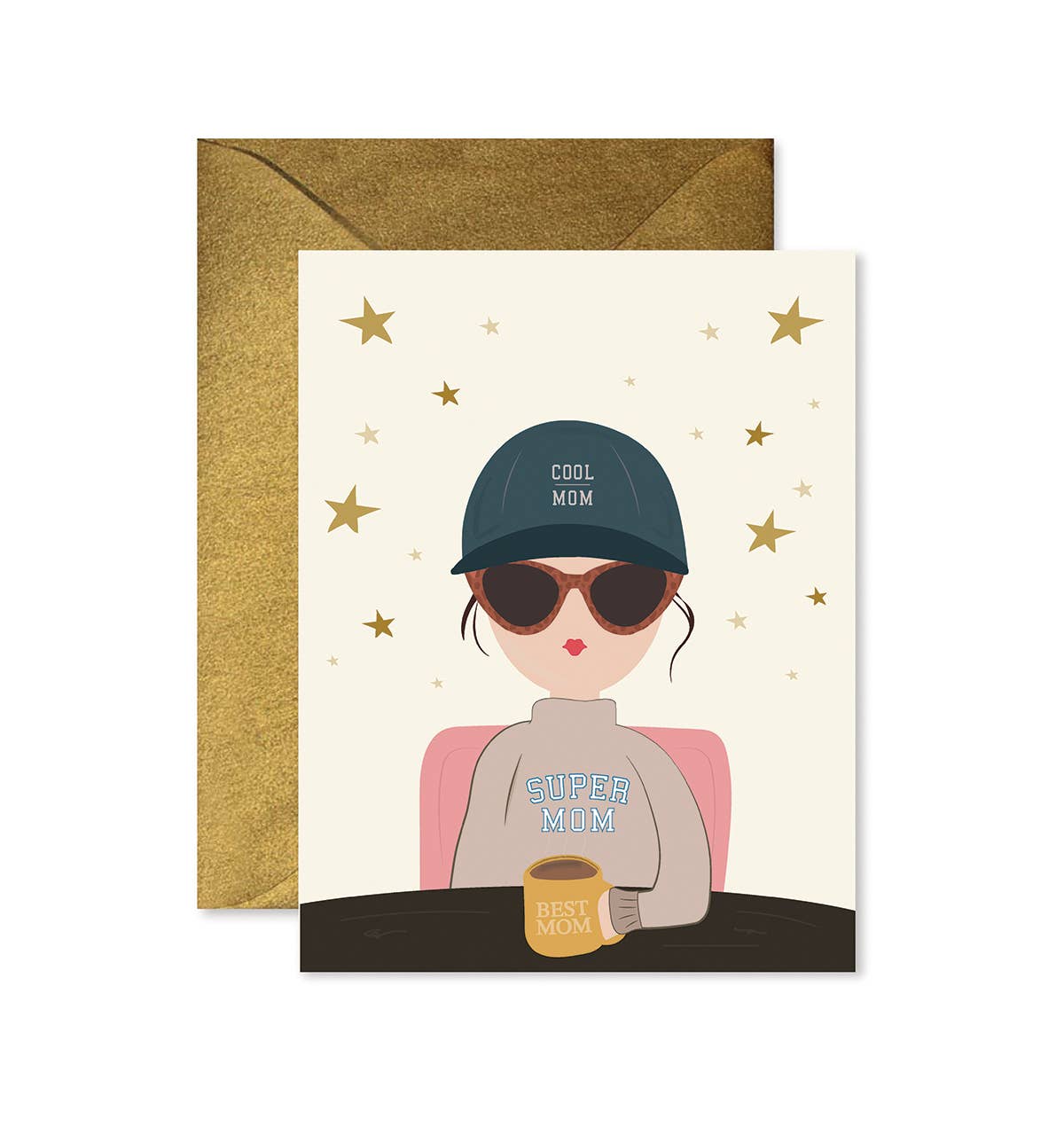 Cool Mom Greeting Card with coordinating envelope by Ginger P. Designs. A women sitting at a table is wearing a cool mom hat, super mom shirt, and drinking from a best mom mug.