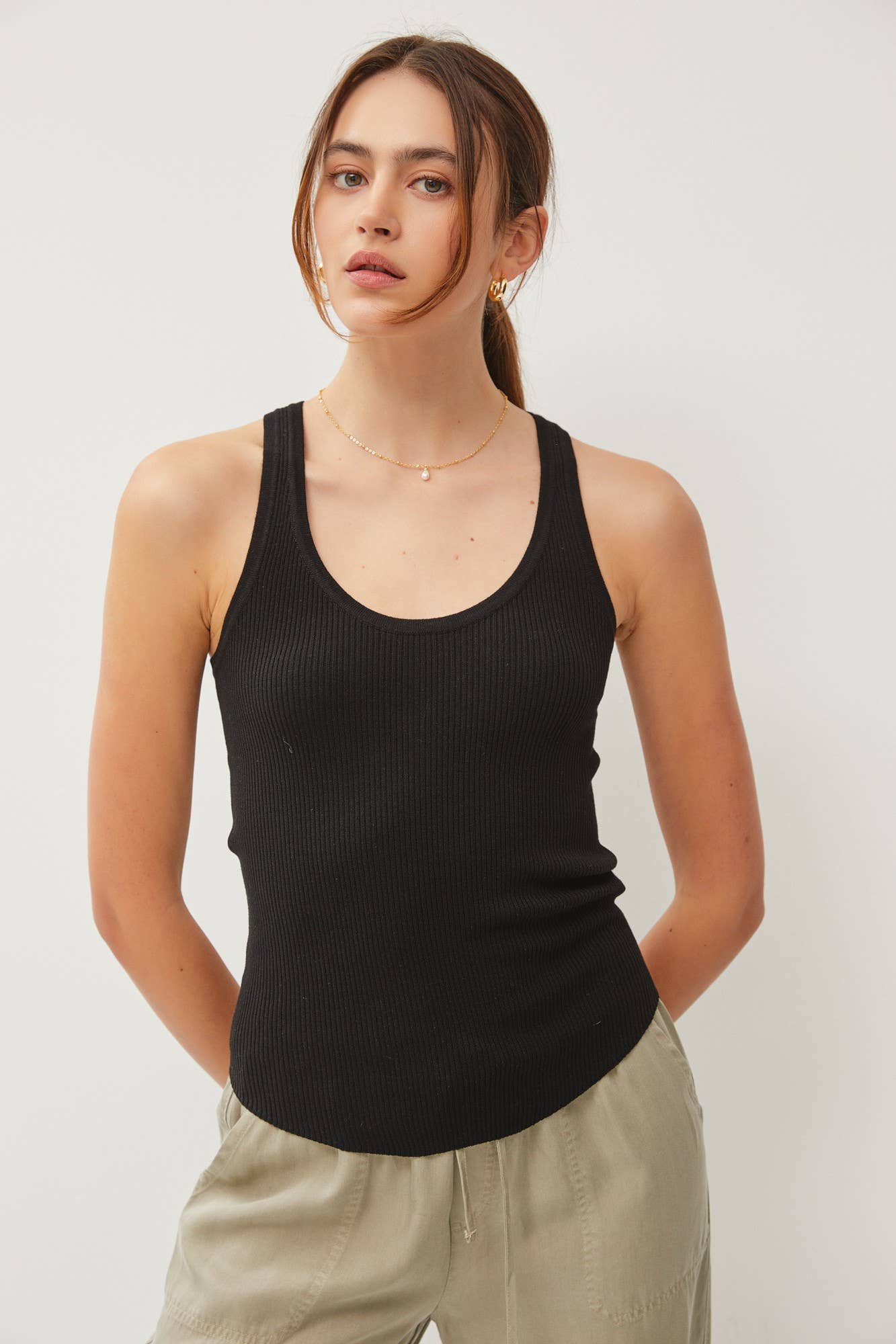 Ribbed Scoop Neck Tank Top - Front View | Fitted Black Knit Basic