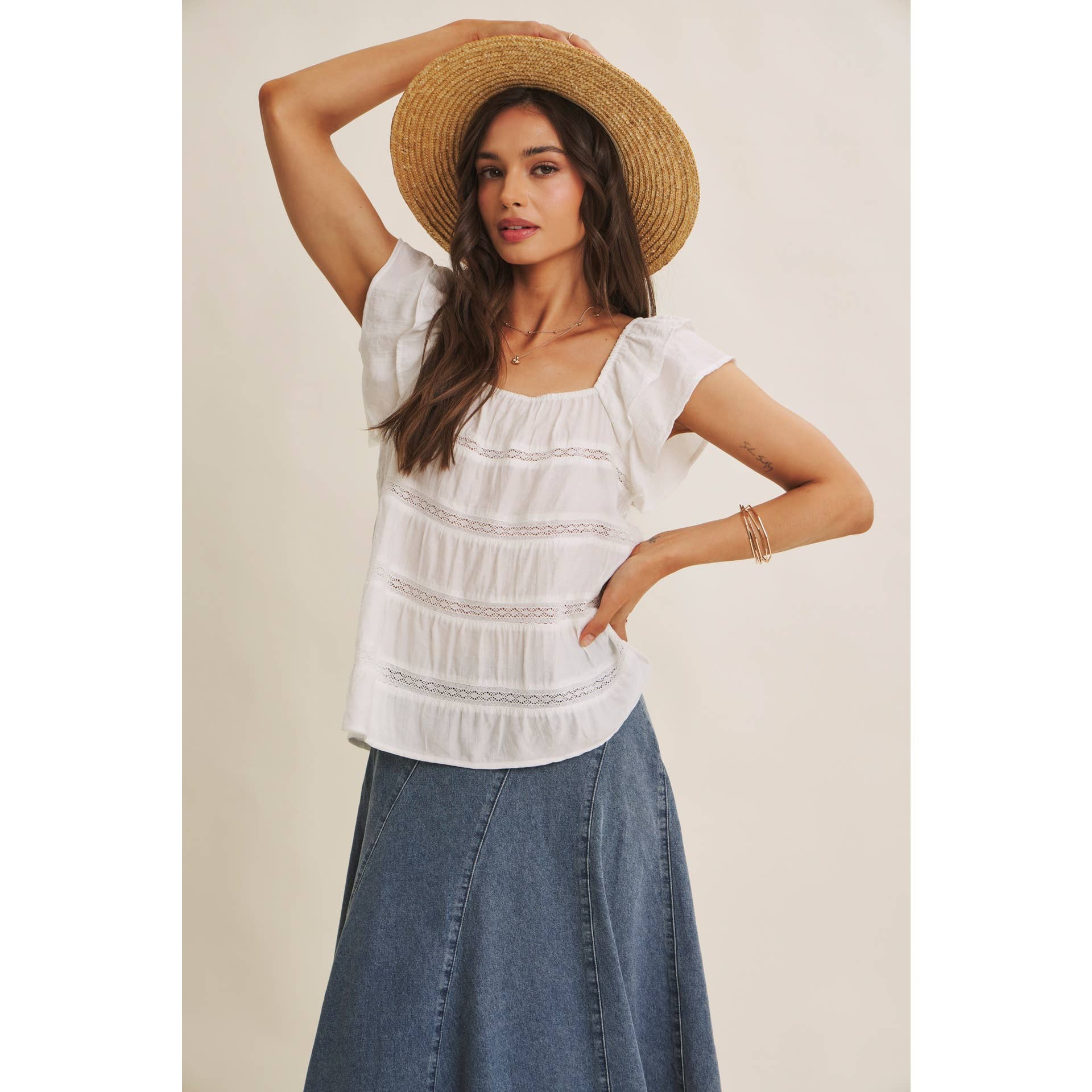 Ruffle Sleeve Tiered Top - Detail View | Delicate Lace Trim at Tiers