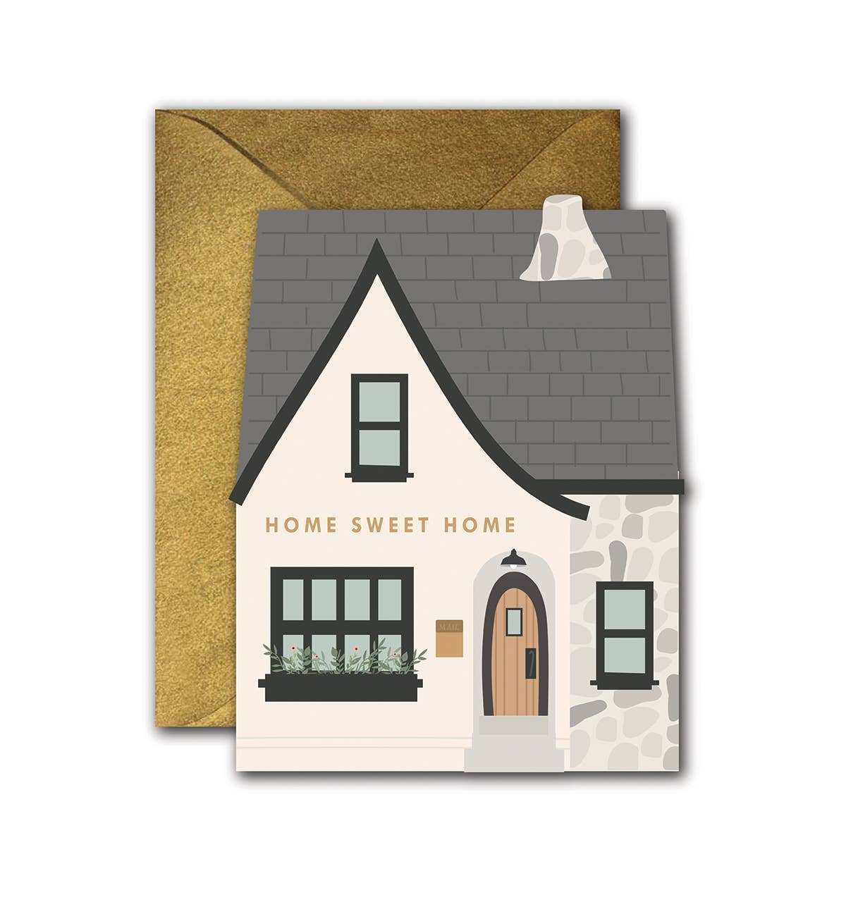 Home Sweet Home Greeting Card with coordinating envelope by Ginger P. Designs. A die cut card of a home with a saying home sweet home. 