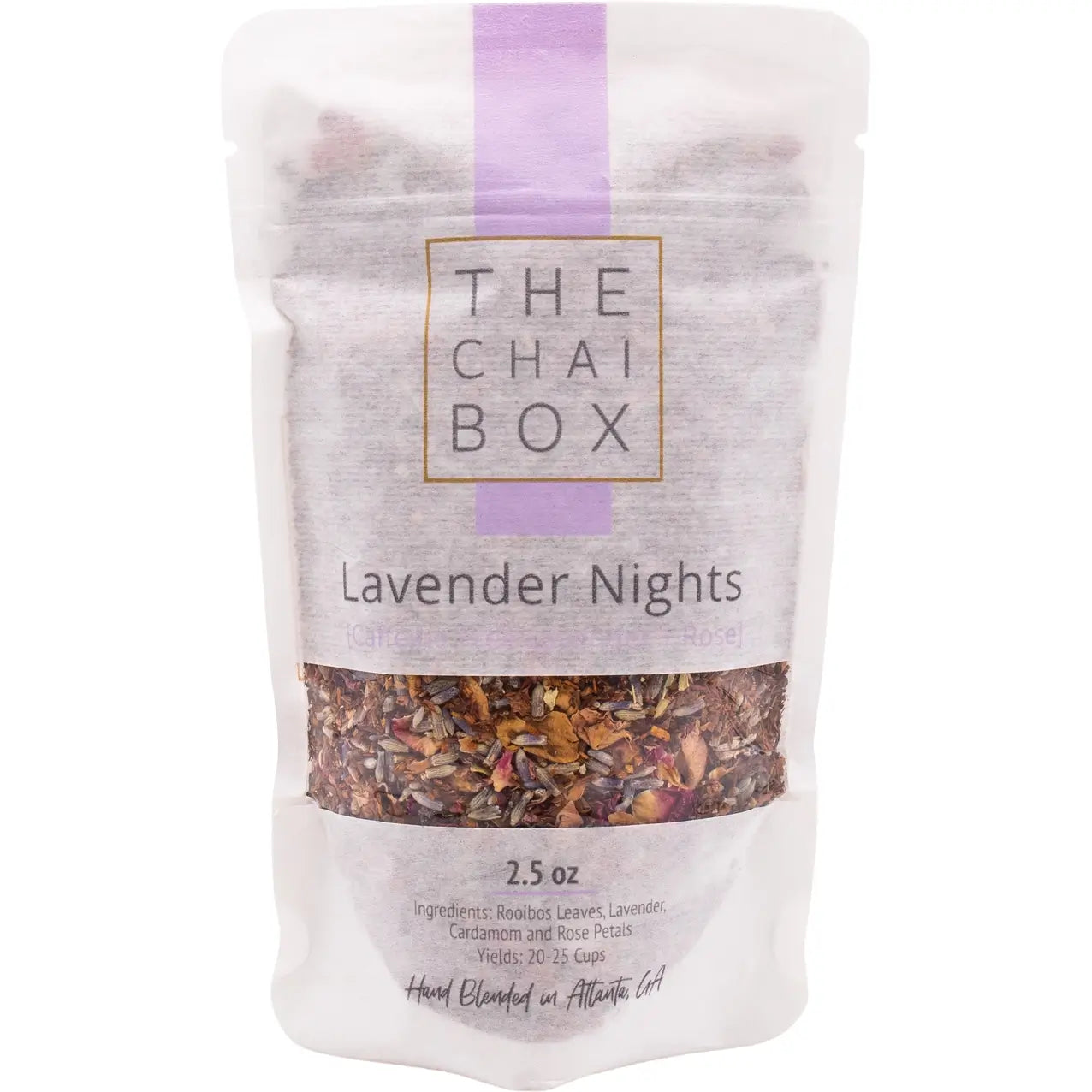 The Chai Box Lavender Nights in a resealable pouch. This tea is caffeine free.