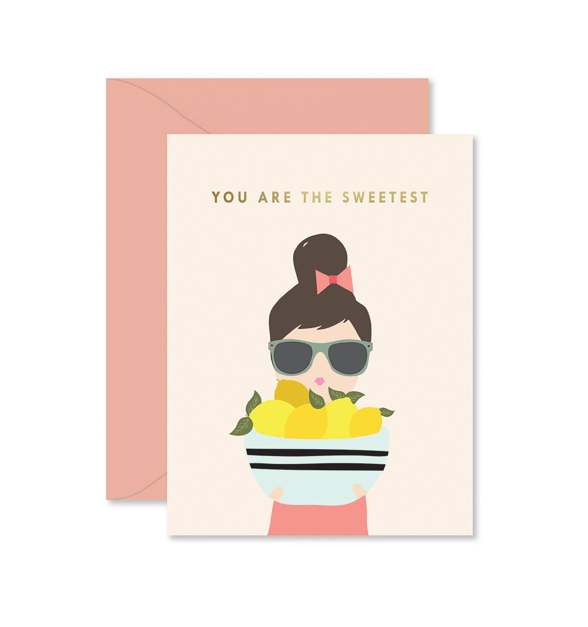 You are the sweetest Lemon Lady Thank You Card with coordinating coral envelope by Ginger P. Designs. A lady holding a bowl full of lemons.