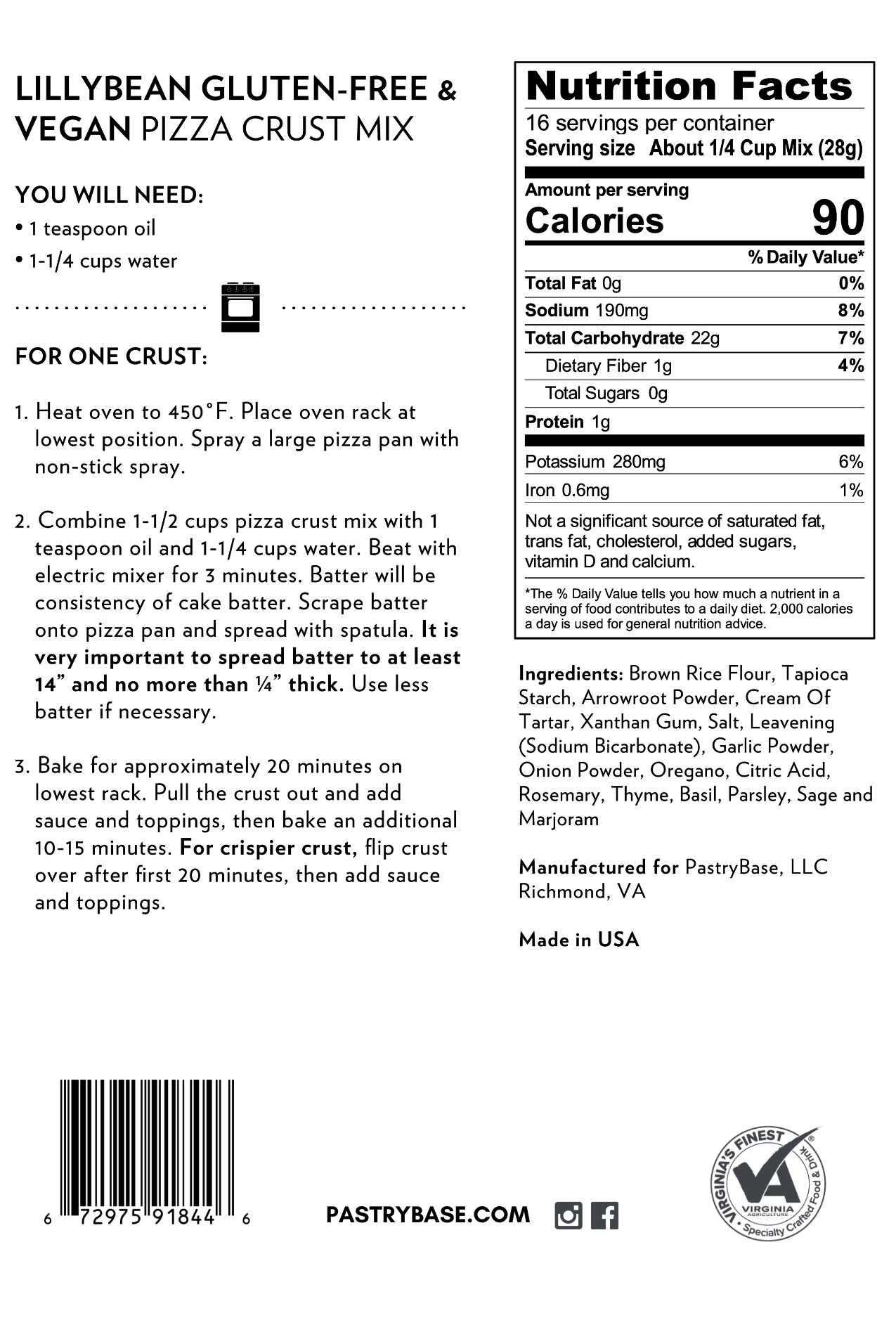 Nutrition label for Gluten Free Pizza Crust Mix by LillyBean Baking – vegan, allergen-free