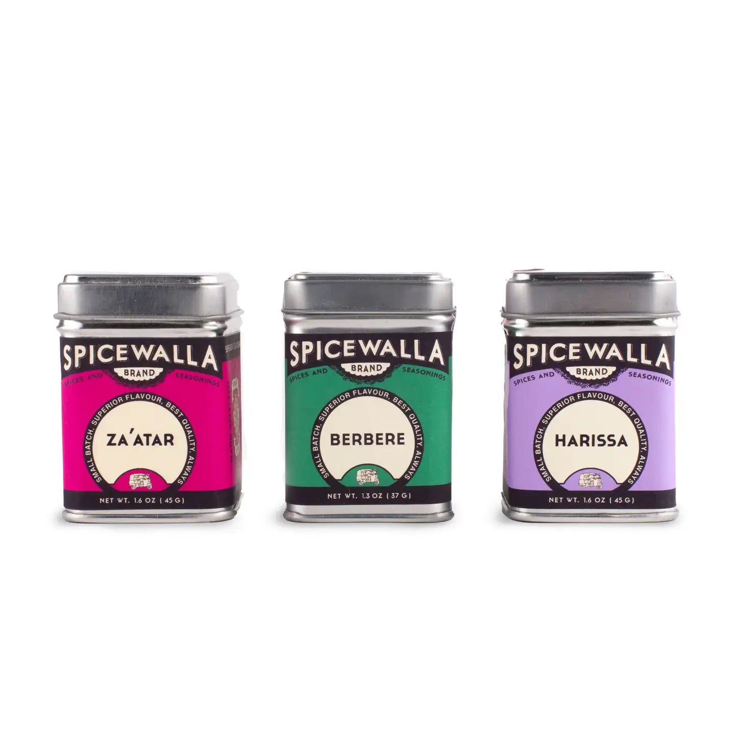 The Middle Eastern Collection from Spicewalla contains 3 spices: Zaatar, Berbere, and Harissa spices in small tins.