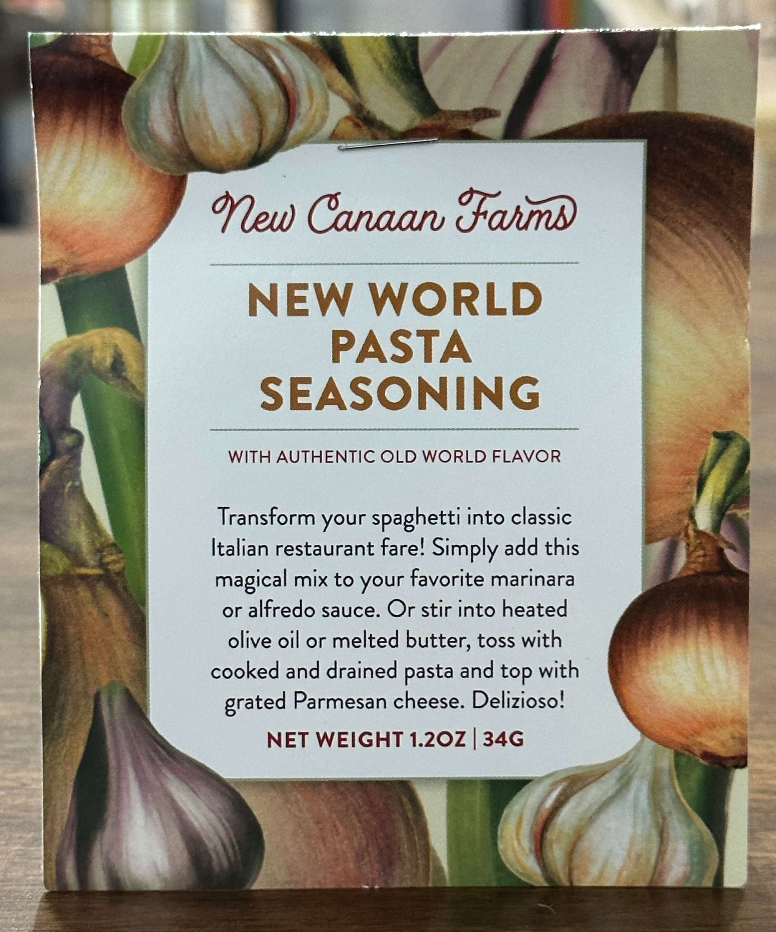 New Canaan Farms New World Pasta Seasoning in a sealed pouch.