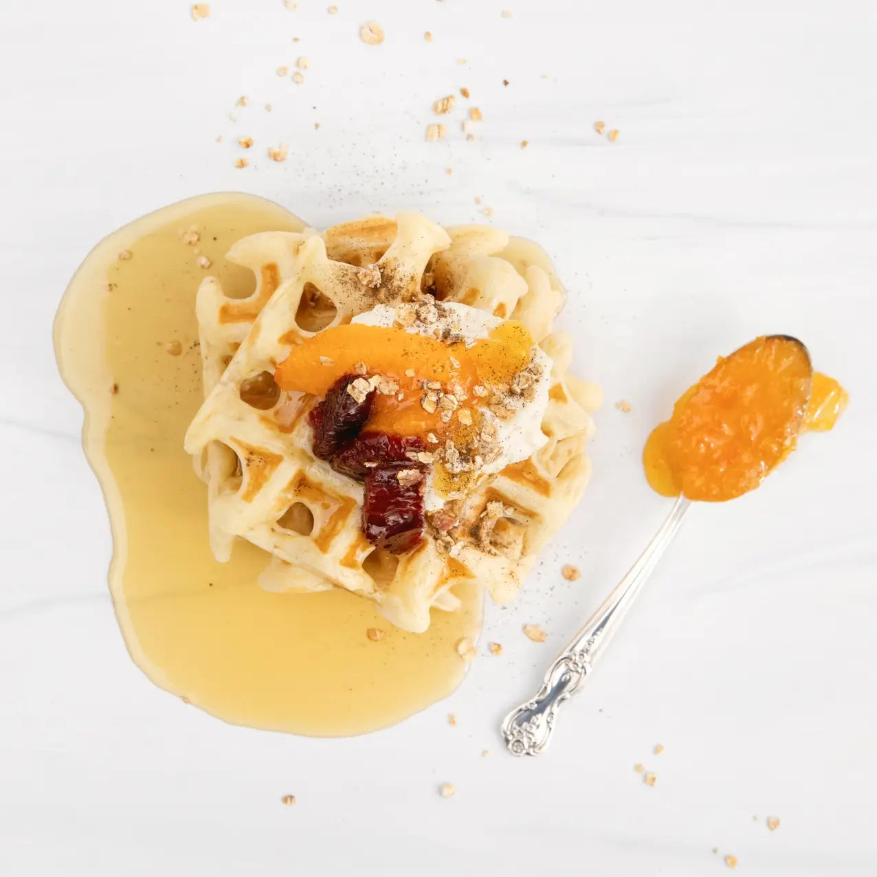 Waffle topped with Orange Bourbon Marmalade by Blake Hill Preserves – a whiskey citrus preserve