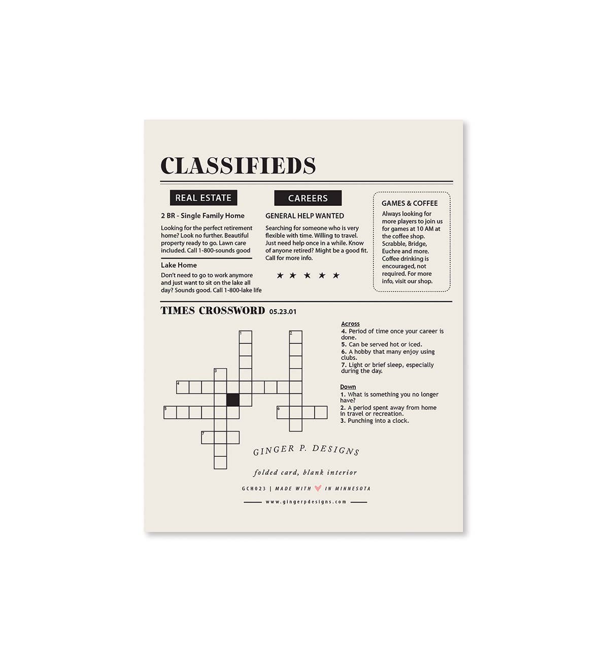 Retirement Times Greeting Card with coordinating envelope by Ginger P. Designs. Card back is a crossword puzzle.