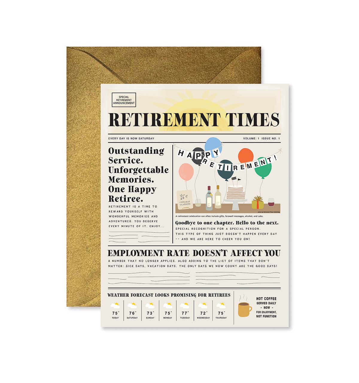 Retirement Times Greeting Card with coordinating envelope by Ginger P. Designs. Card front is a newspaper article.