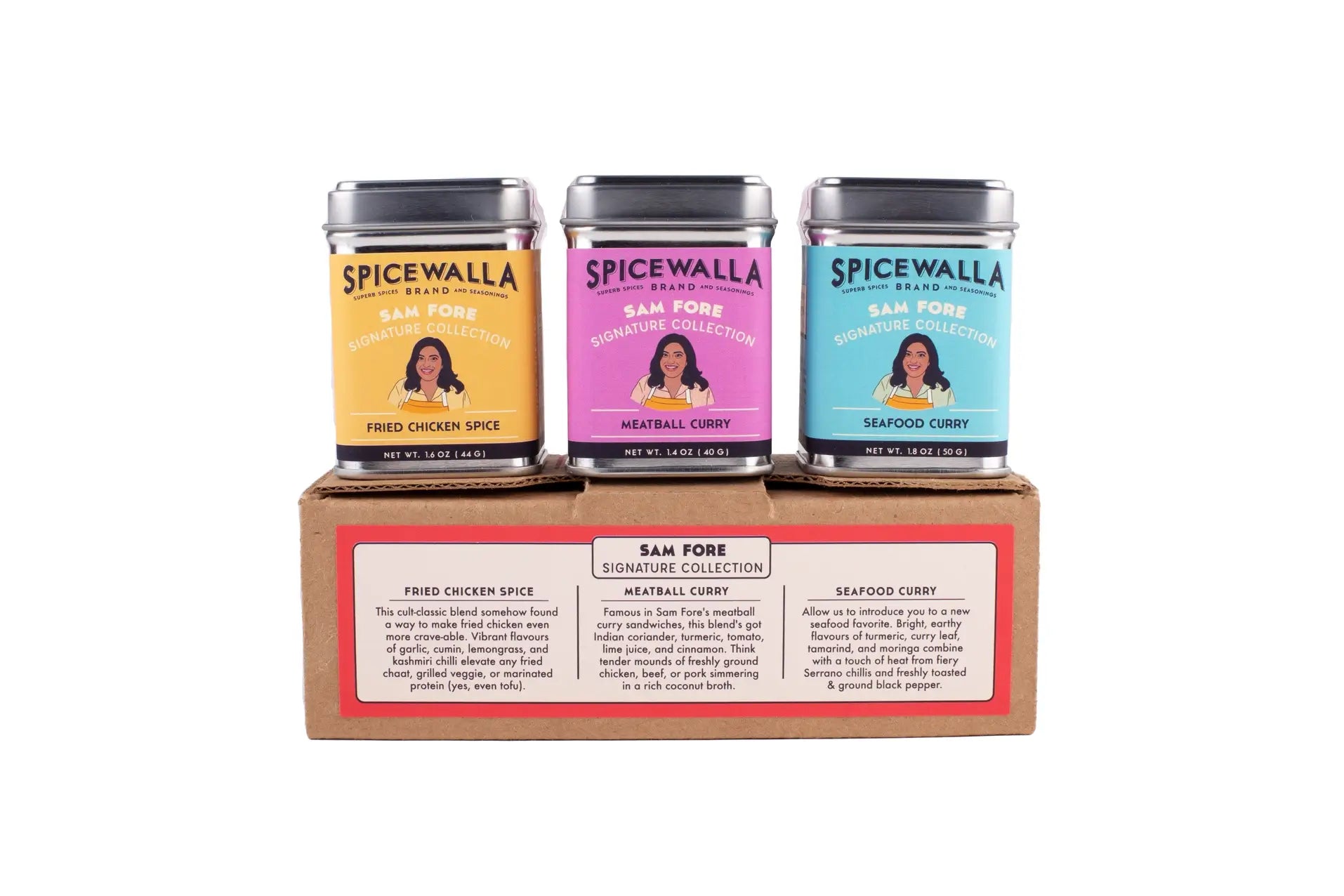 The Sam Fore Signature Collection from Spicewalla contains 3 spices: Fried Chicken Spice, Meatball Curry Powder, and Seafood Curry Powder in small tins.  