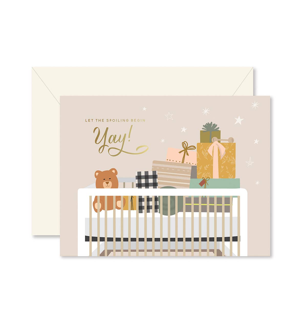 Spoiling Baby Greeting Card with coordinating envelope by Ginger P. Designs. Card front has a crib filled with presents and saying let the spoiling begin yay!