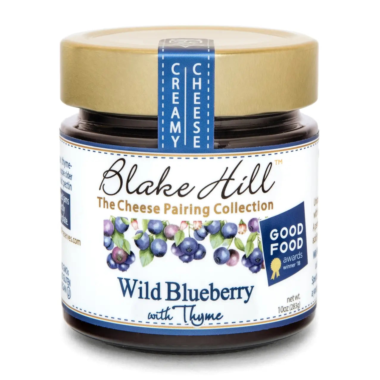 Blake Hill Preserves Wild Blueberry with Thyme jam in a glass jar. 