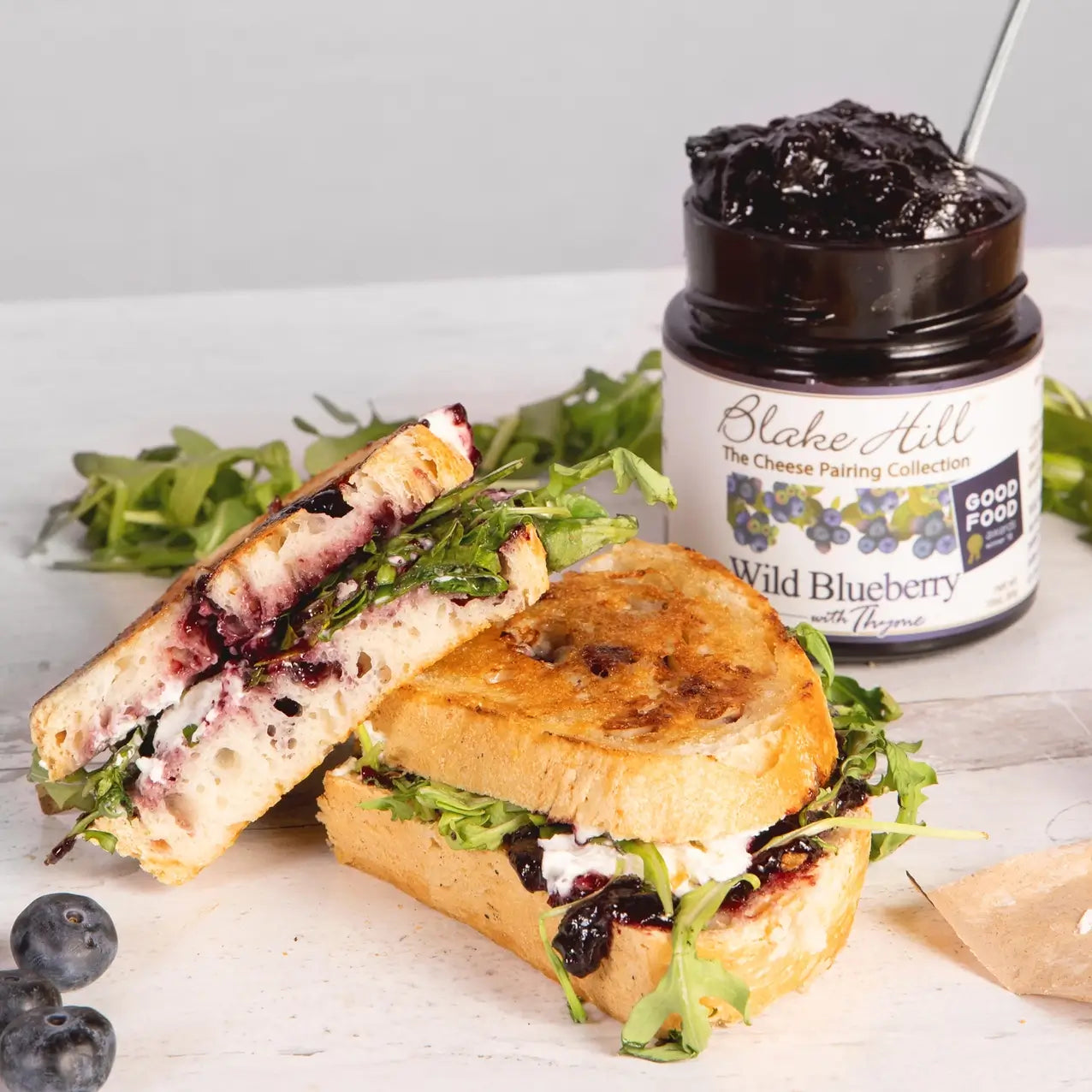 Sandwich made with  Blake Hill Preserves Wild Blueberry with Thyme.