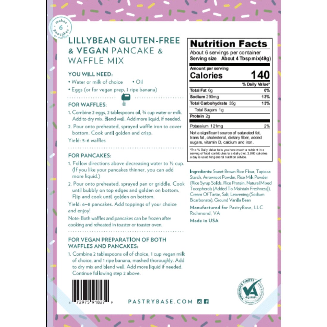 Nutrition label for Gluten Free Pancake and Waffle Mix – vegan, allergen-free