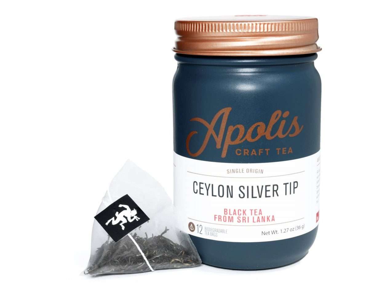 15 Apolis Tea Ceylon Silver Tip filled teabags in in a dark glass jar.