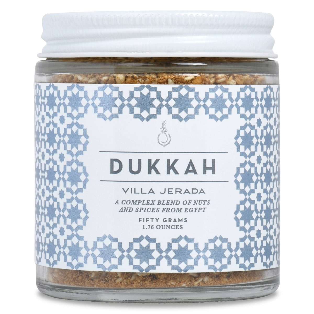 Villa Jerda Dukkah spice in a glass jar. 