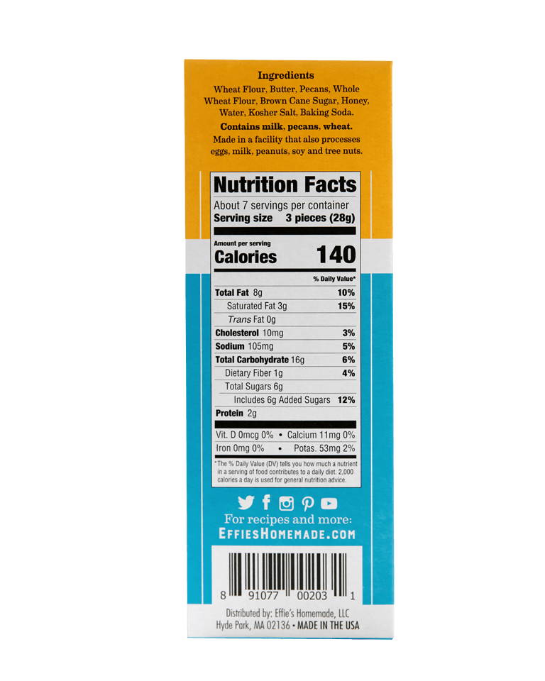 Nutrition facts and ingredients for Effie's Homemade Pecan Biscuits.