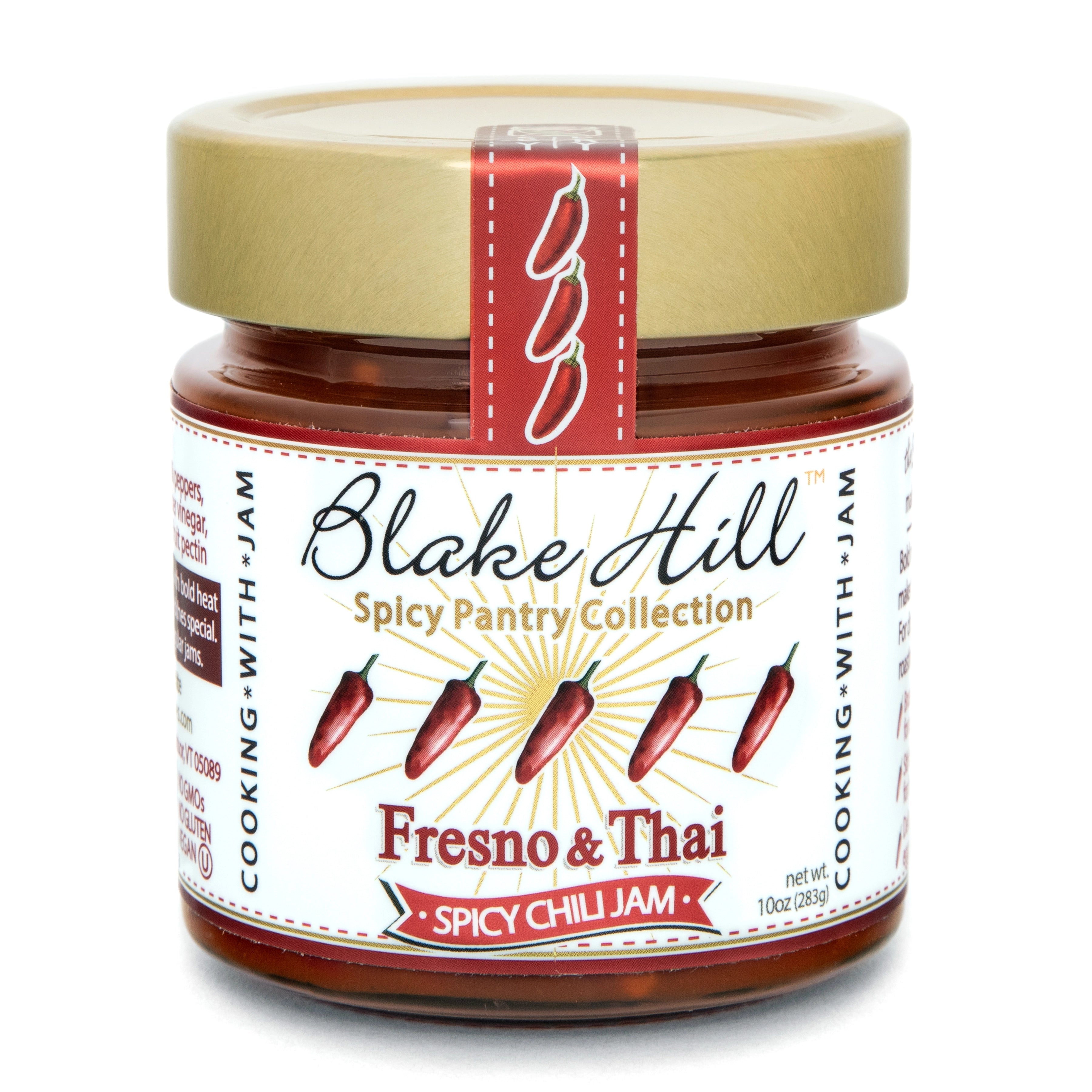 Blake Hill Preserves Fresno & Thai Spicy Chili jam in a glass jar.