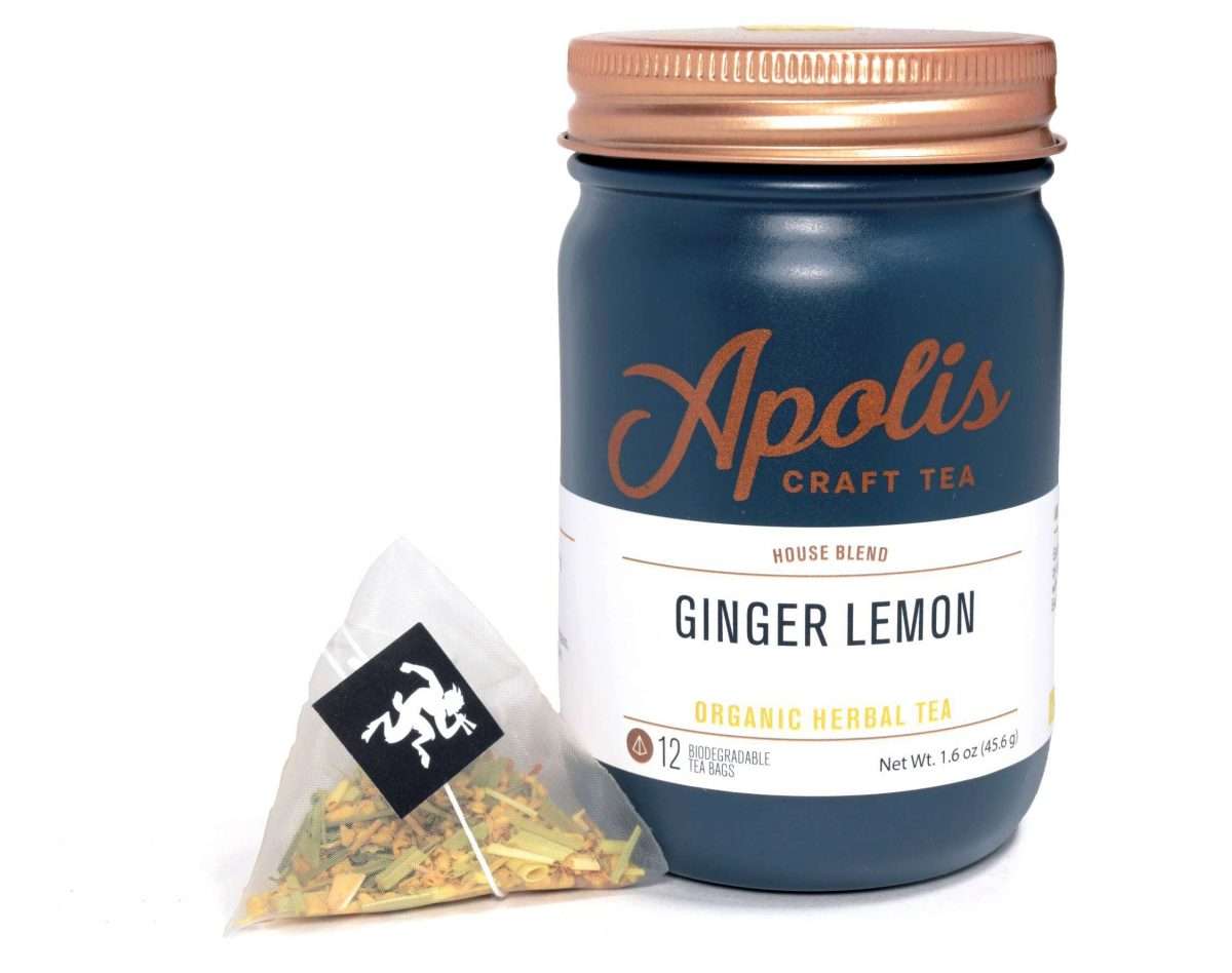 15 Apolis Tea Ginger Lemon filled teabags in in a dark glass jar.