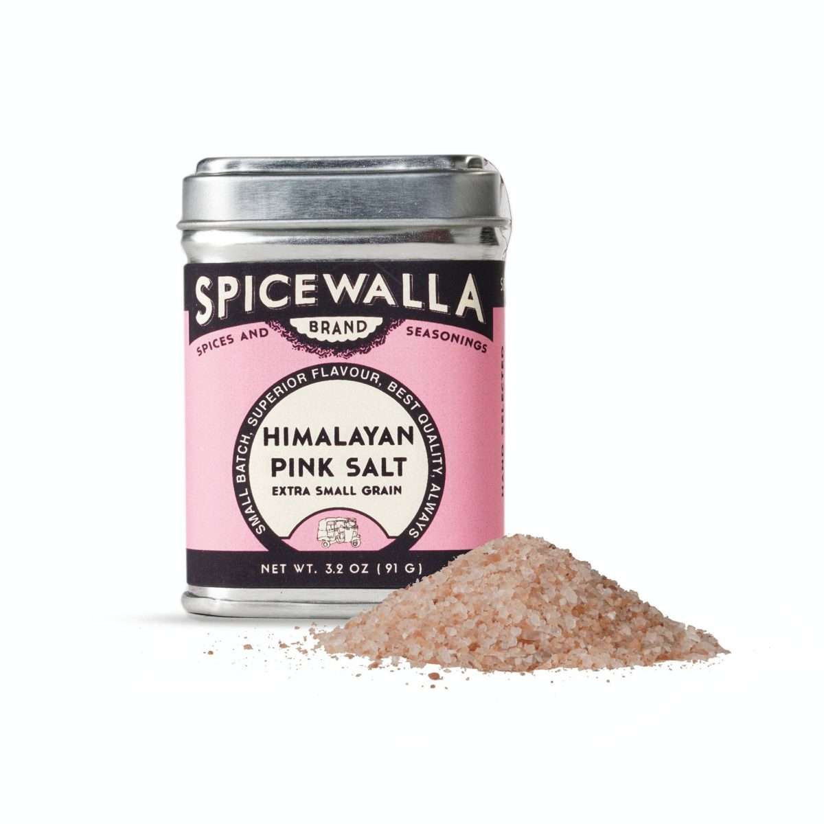Spicewalla Himalayan Pink Salt in Extra Small Grain in a small tin. 
