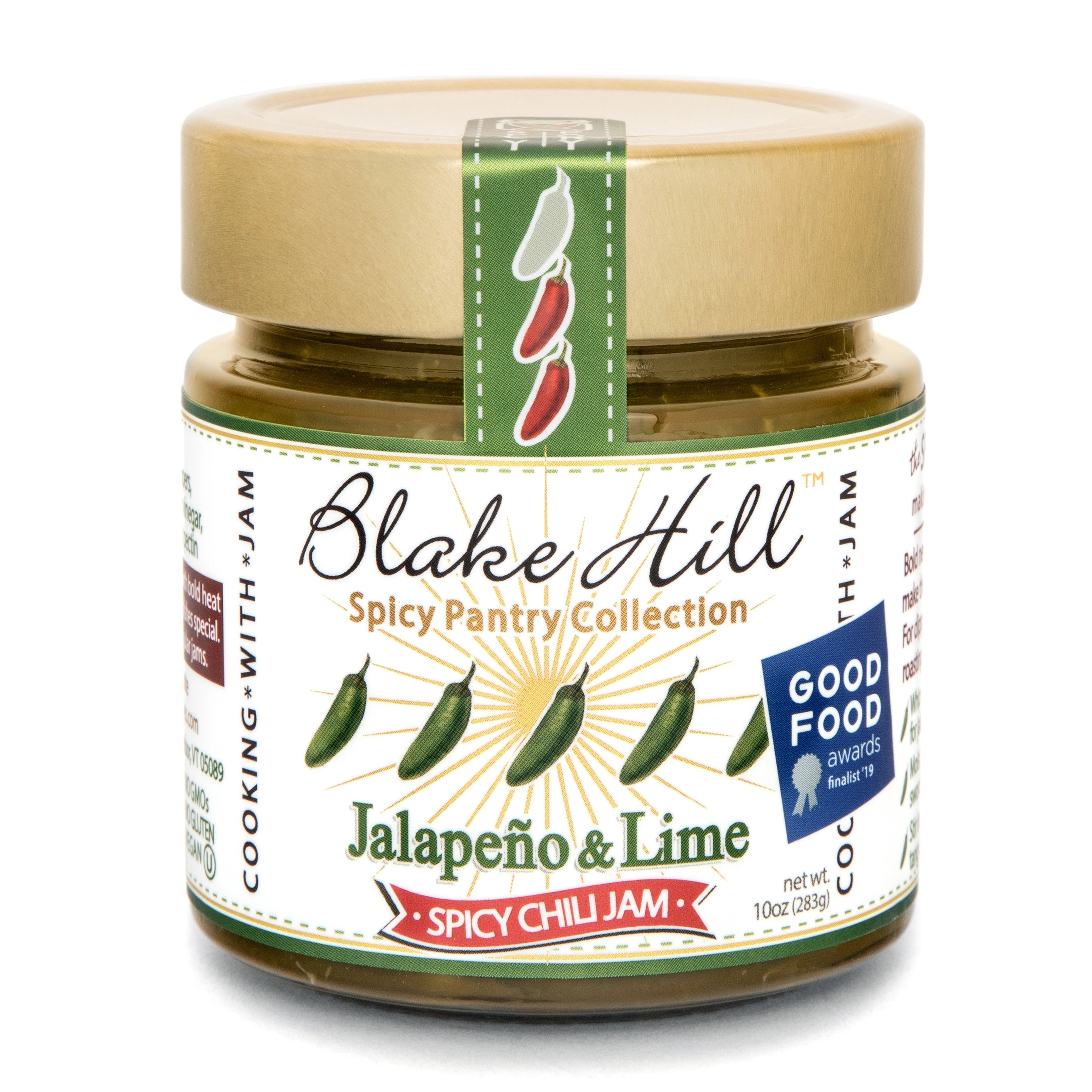Blake Hill Preserves Jalapeno & Lime Spicy Chili jam in a glass jar.