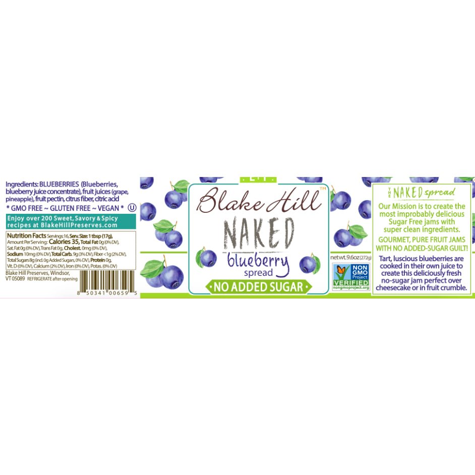 Nutrition facts and ingredients for Blake Hill Preserves Naked Blueberry Spread jam.