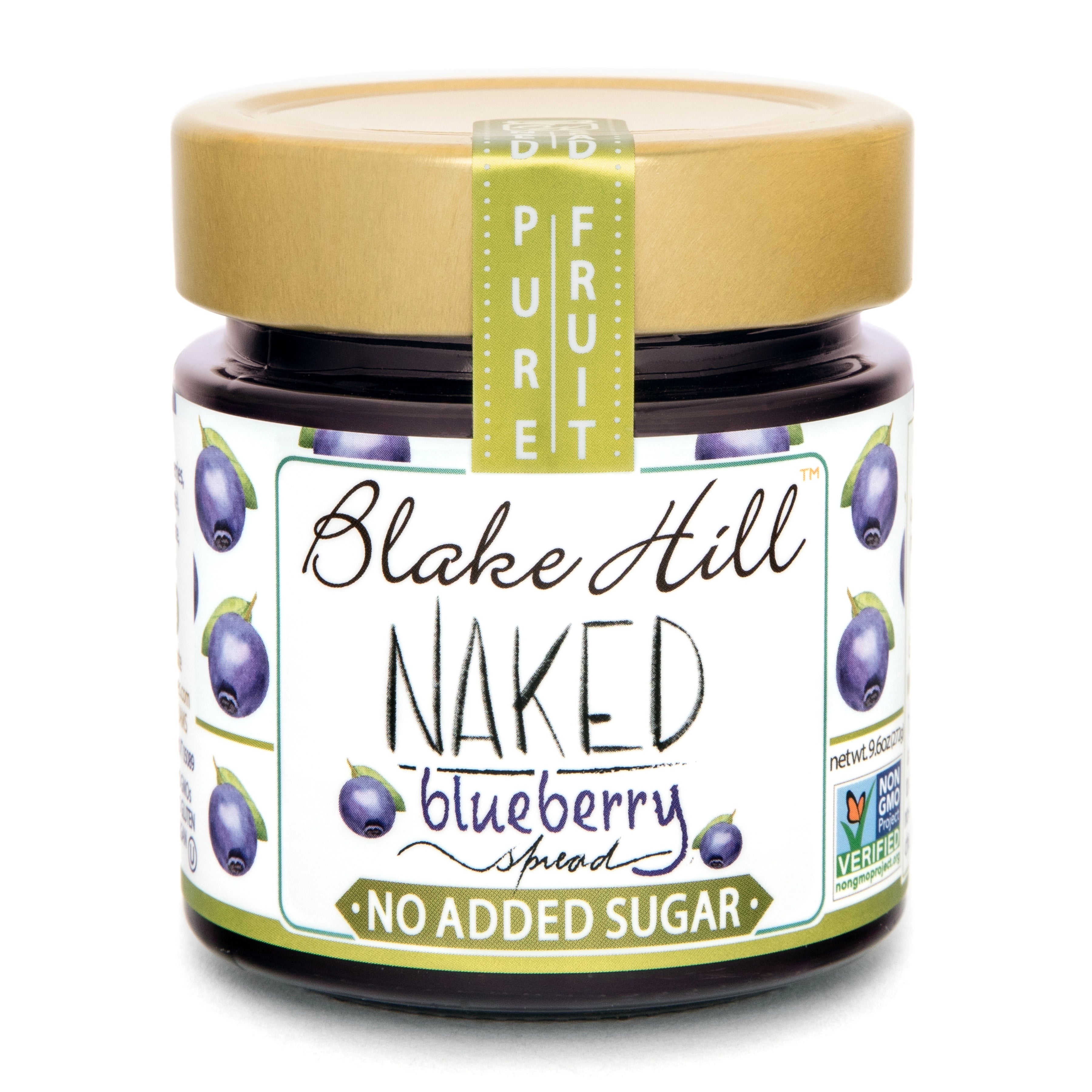 Blake Hill Preserves No Sugar Added Blueberry Spread jam in a glass jar. 