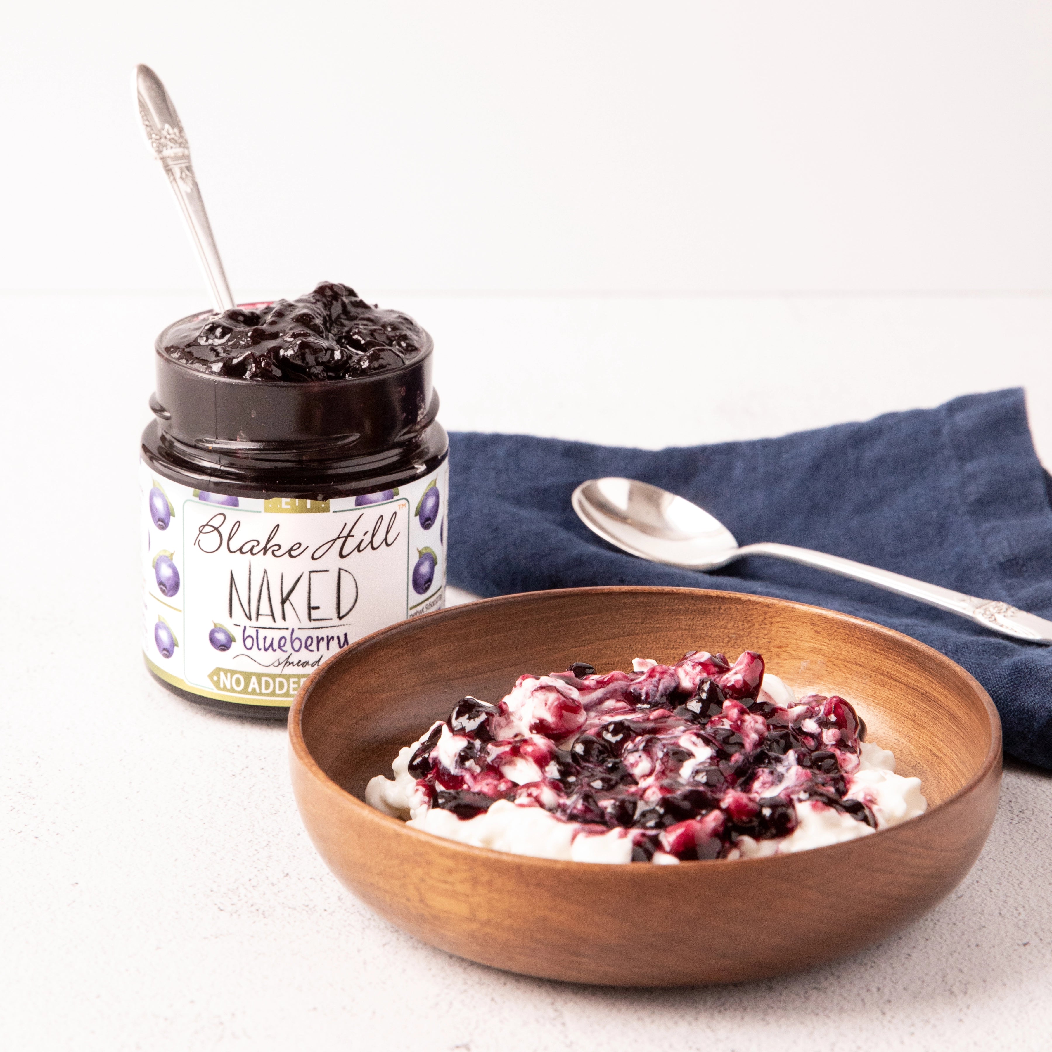 Yogurt topped with Blake Hill Preserves No Sugar Added Blueberry Spread jam.