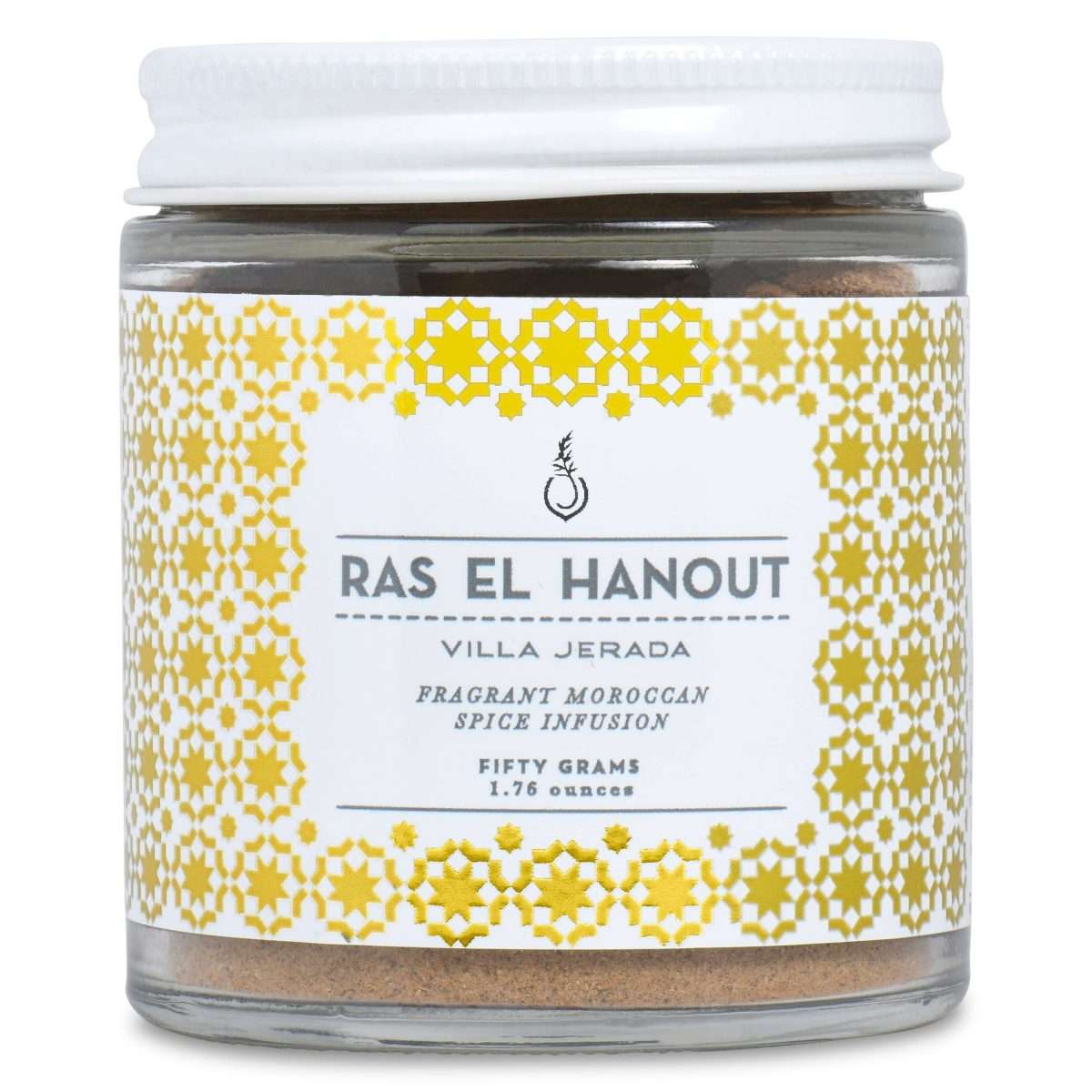 Villa Jerda Ras el Hanout spice in a glass jar. 