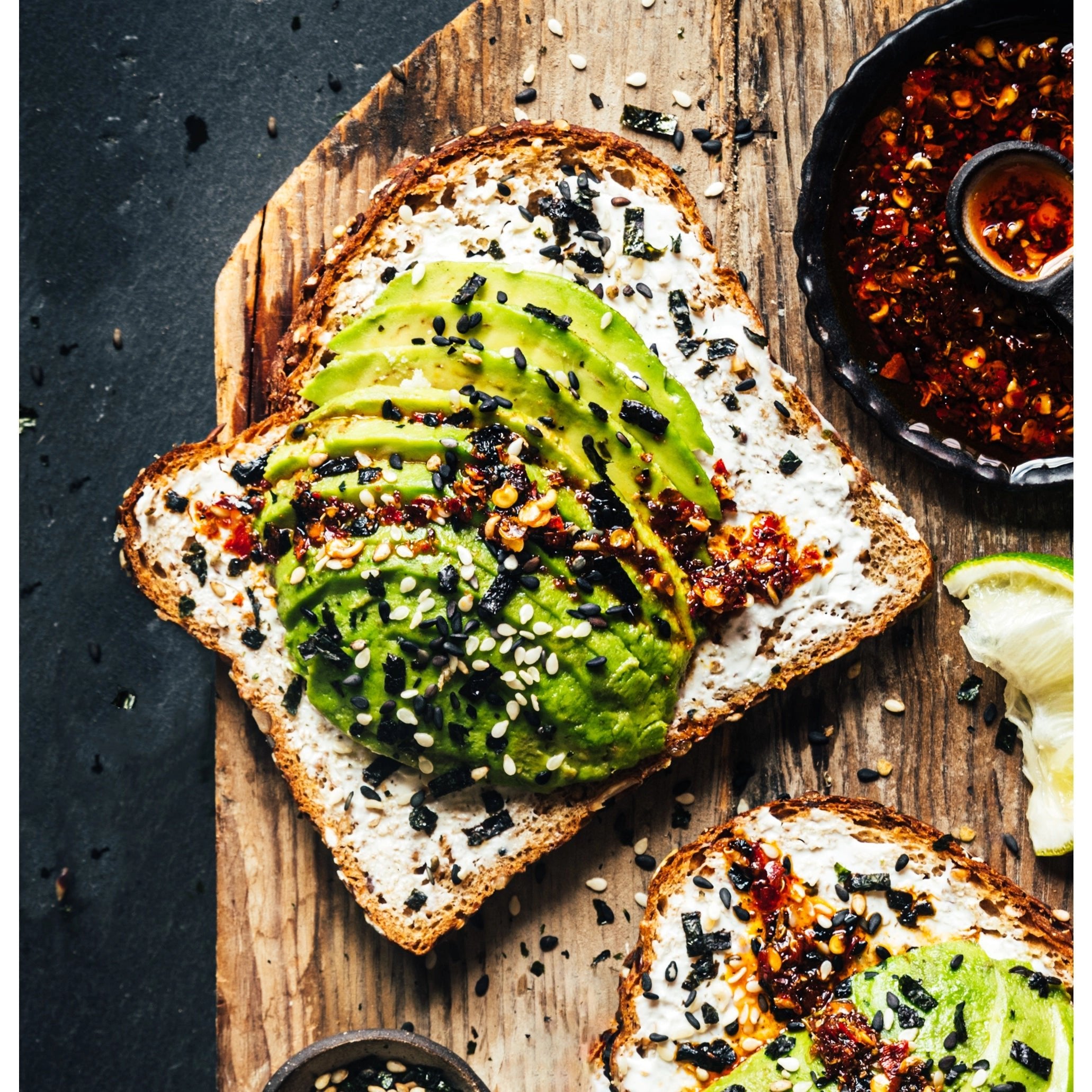 Avocado Toast topped with Blank Slate Sichuan Chili Oil. 