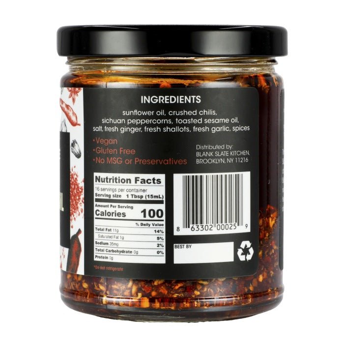 Nutrition facts and ingredients for Blank Slate Sichuan Chili Oil.