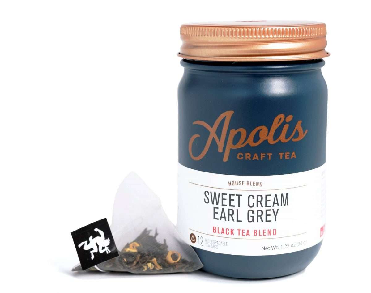 15 Apolis Tea Sweet Cream Earl Grey filled teabags in in a dark glass jar.