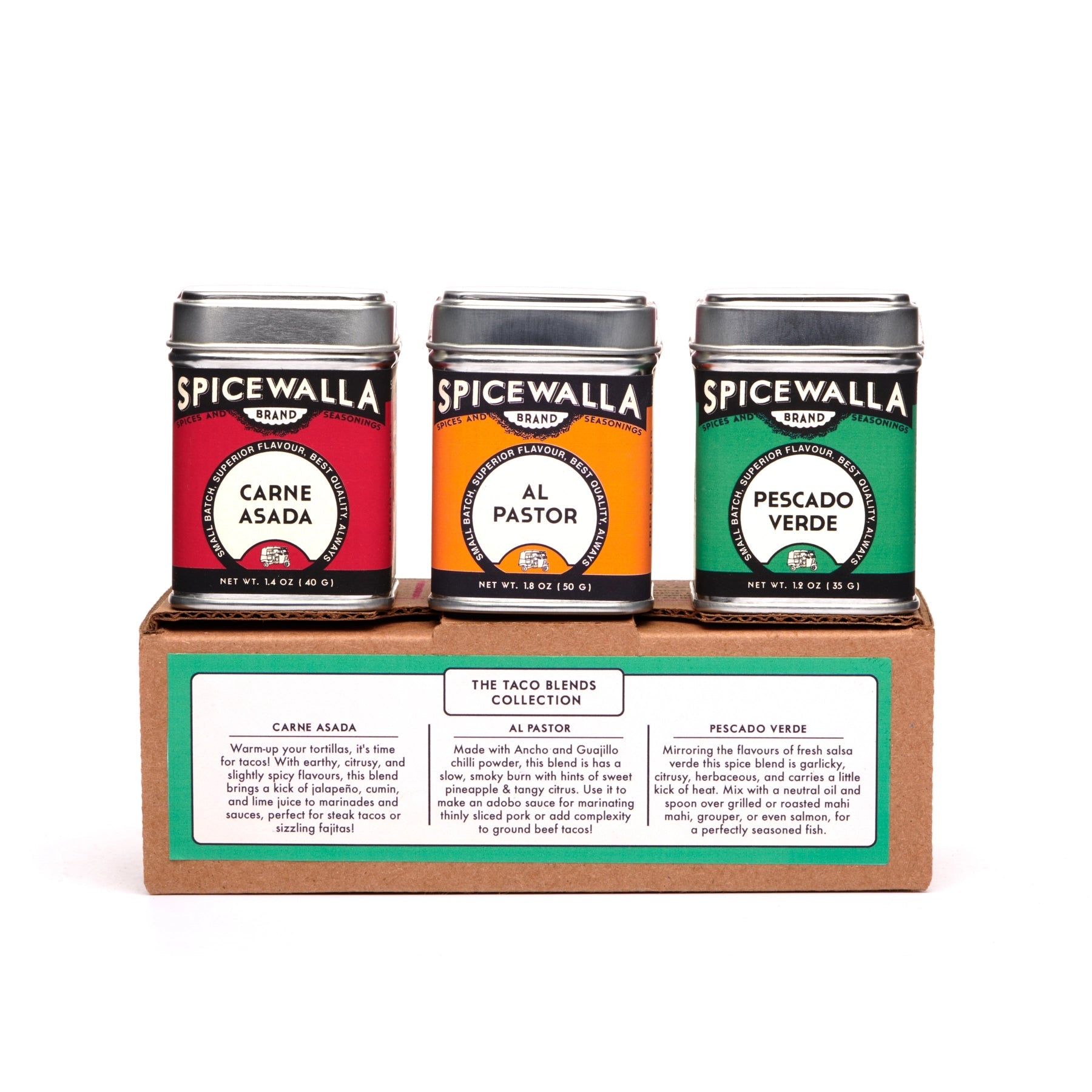 TheTaco Collection from Spicewalla contains 3 spices: Carne Asada Rub, Al Pastor Rub, and Pescado Verde Seasoning in small tins.  