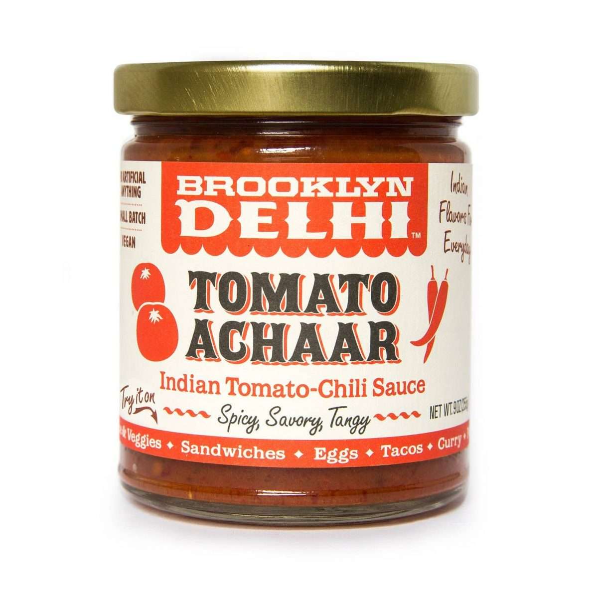 Brooklyn Delhi Tomato Achaar in a glass jar.