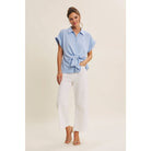 Knotted Blouse Top - Full Length View | Button-Down Crinkle Blouse