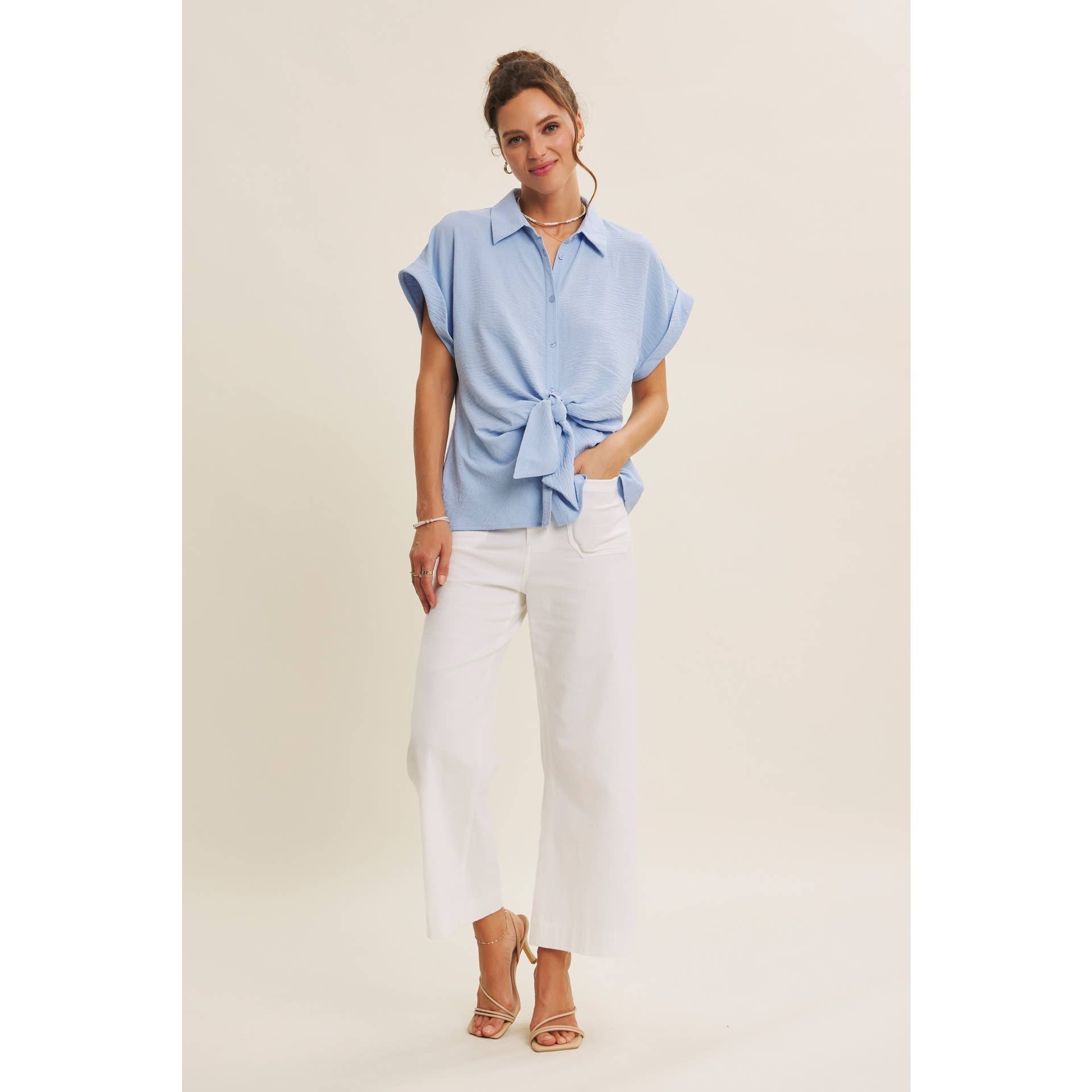 Knotted Blouse Top - Full Length View | Button-Down Crinkle Blouse