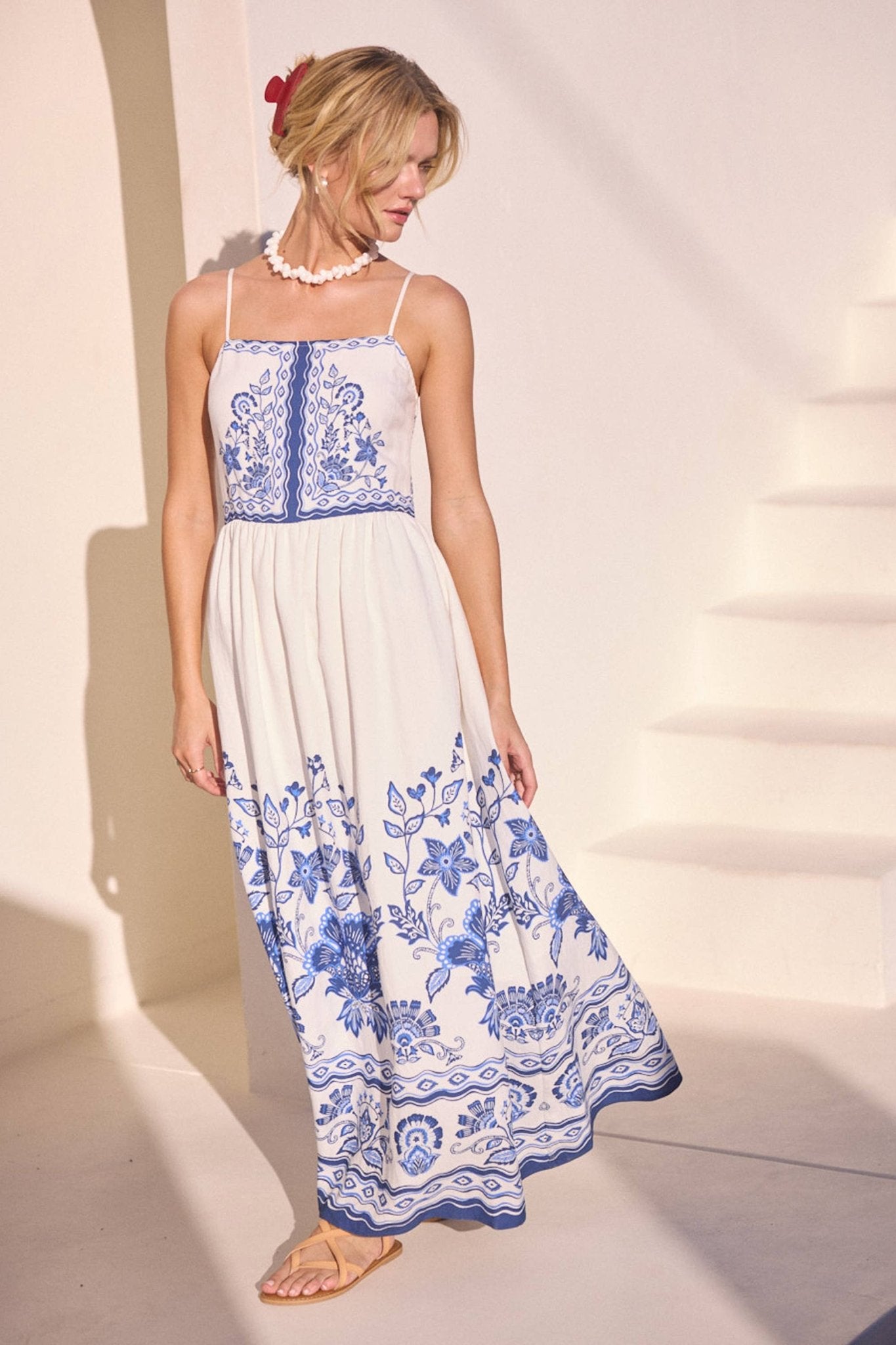 Border Print Maxi Dress - Side View | Flowing Blue Floral Maxi