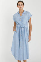 Striped Linen-Blend Utility Shirt Dress with Waist Tie - Front View | Blue & White Stripe