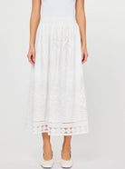 Elegant Lace Midi Skirt - Front View | White Lace with Elastic Waist