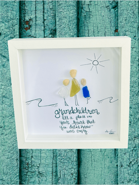 Grandchildren Fill a Place in Your Heart - 6x6 Framed Sea Glass Art | Front View